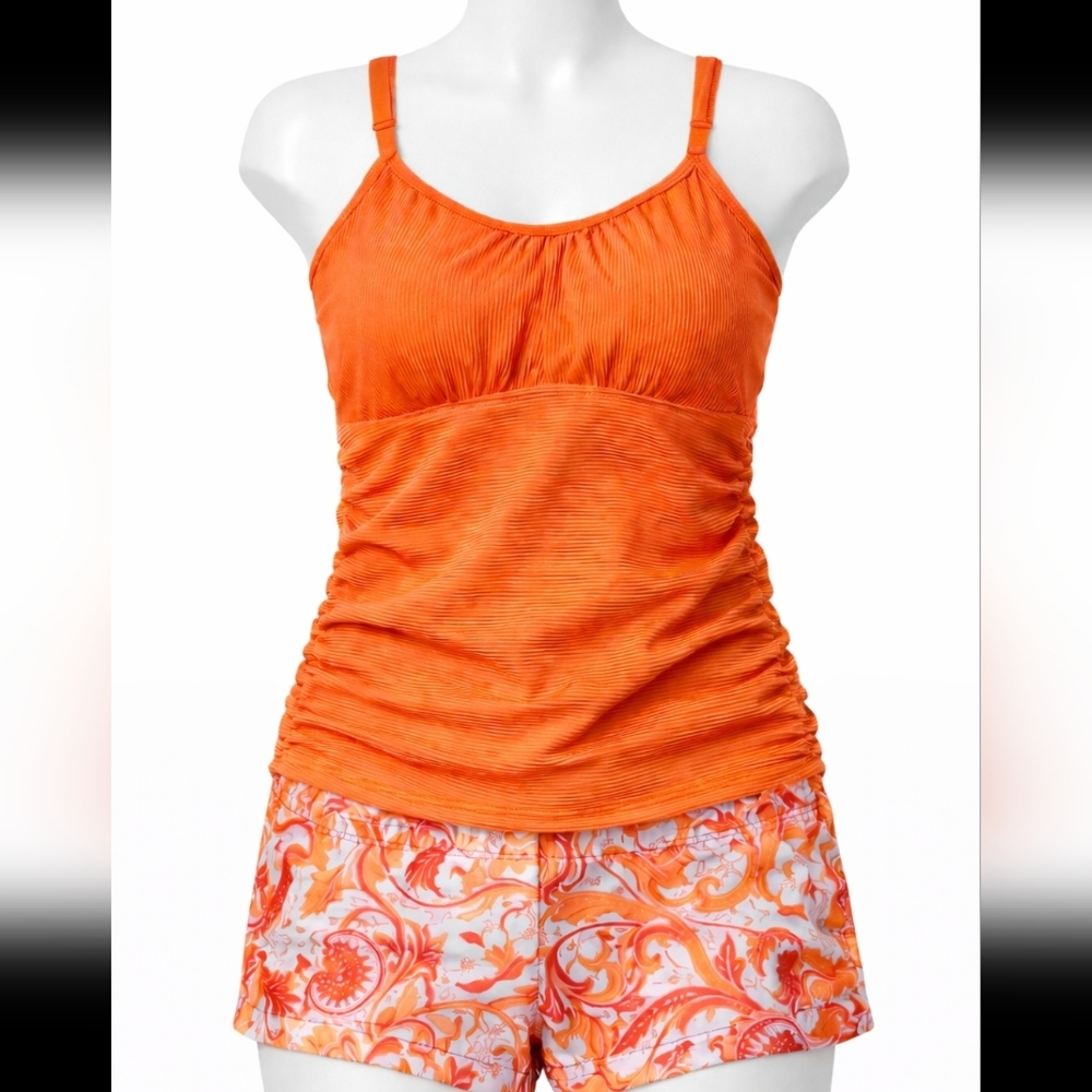 Orange Printed Swim Top And Swim Shorts- 2XL